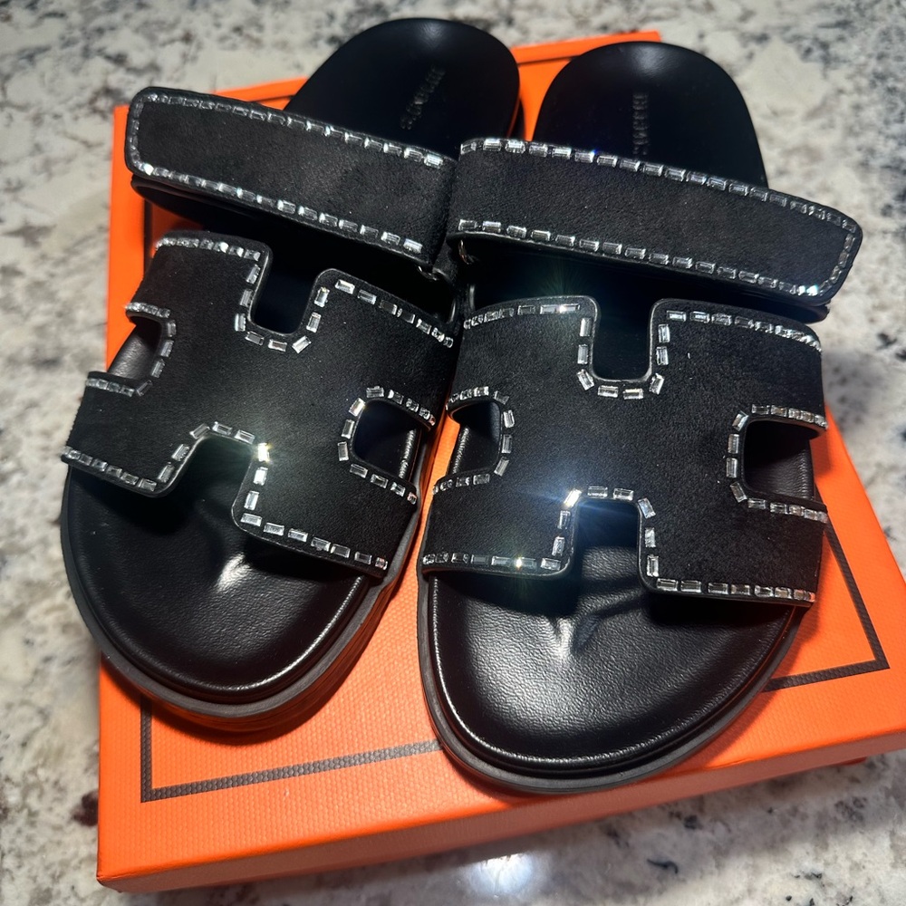 Black Sandals with Rhinestone Accents